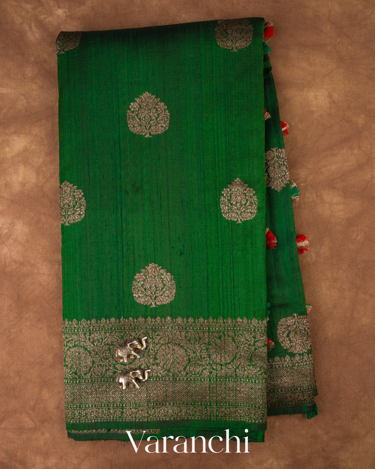 Bottle Green Pure Raw Silk Handloom Saree — Full Saree