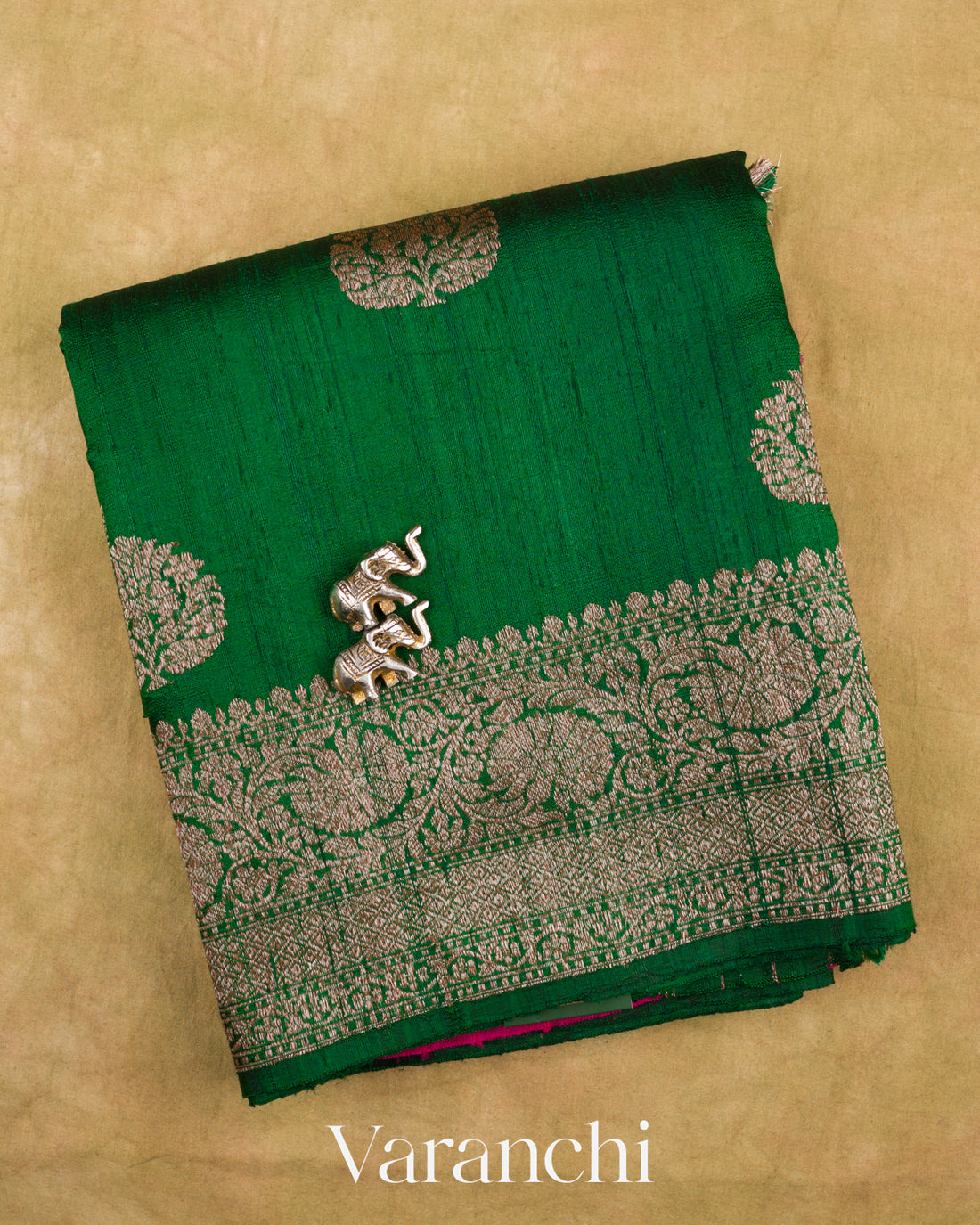 Dark Green with Rani Pink Pure Raw Silk Handloom Saree — Folded