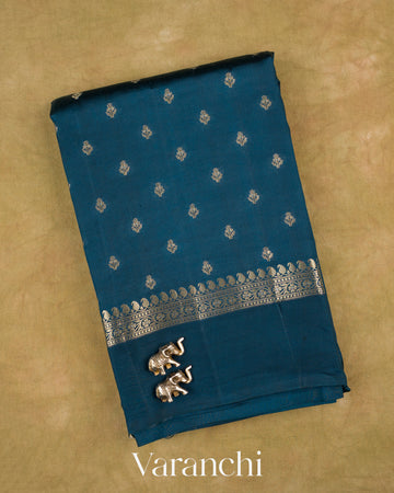 Navy Blue Pure Poona Silk Saree — Folded