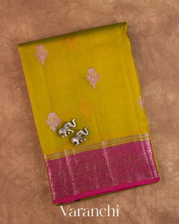 Mehendi Green Pure Kora Silk Handloom Saree — Folded