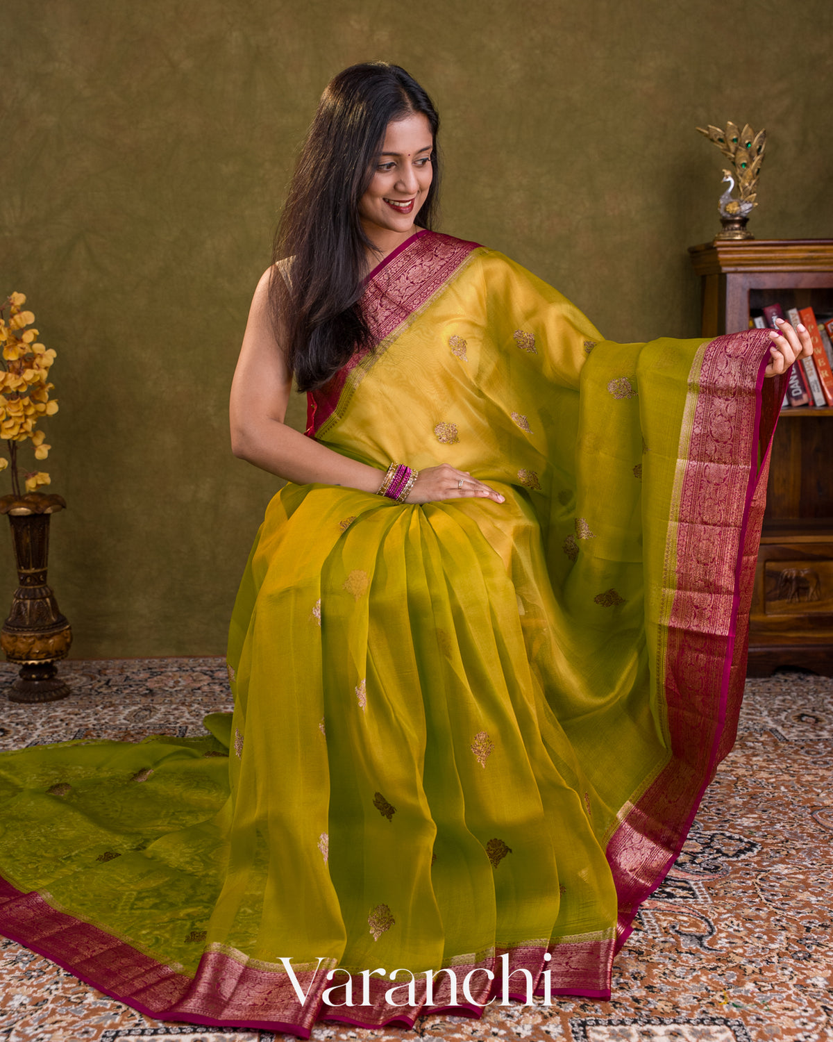 Mehendi Green Pure Kora Silk Handloom Saree — Draped