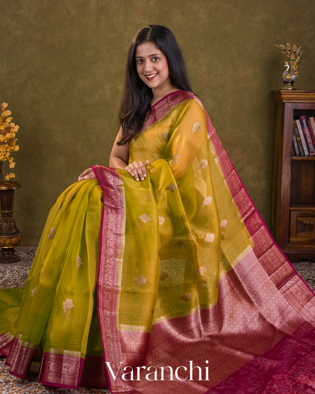 Mehendi Green Pure Kora Silk Handloom Saree — Draped