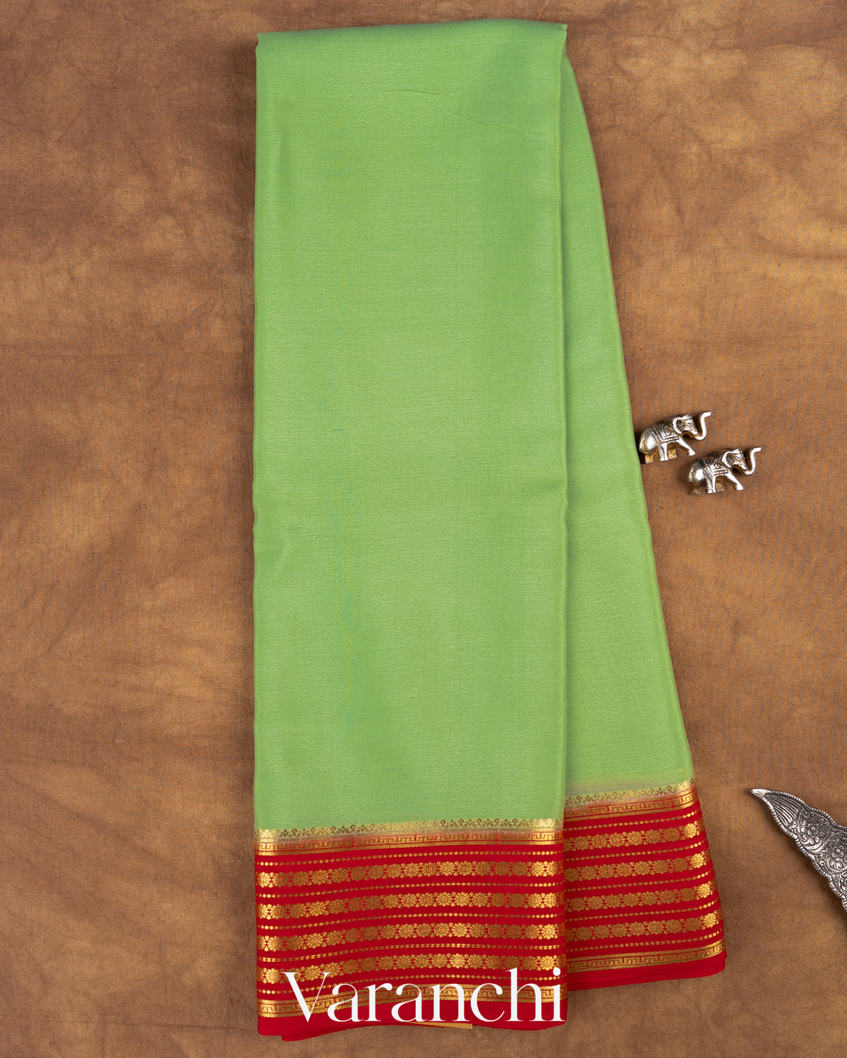 Pista Green Pure Mysore Crepe Silk Saree — Full Saree