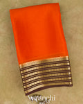 Bright Orange Floral Border Pure Mysore Crepe Silk Saree — Folded