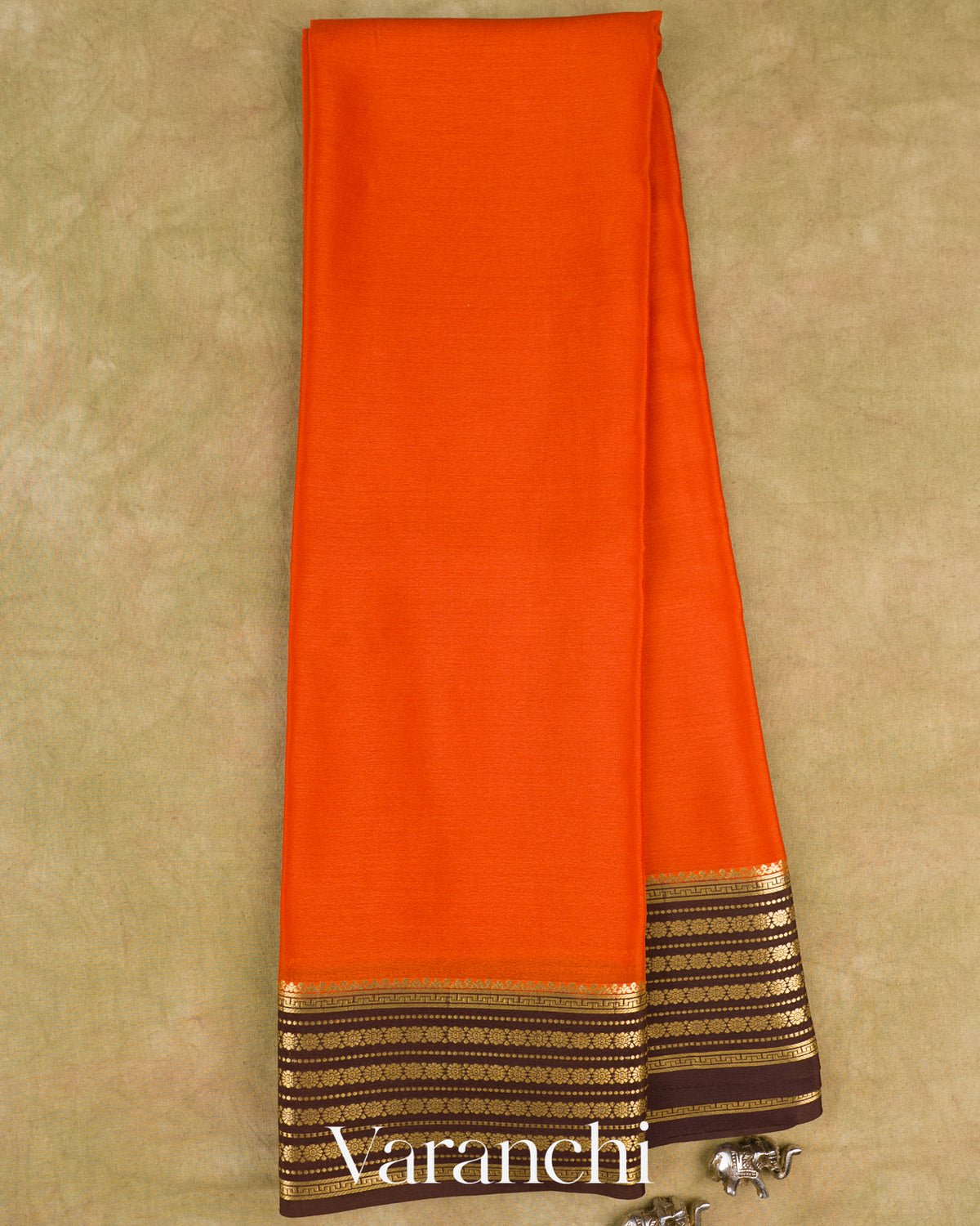 Bright Orange Floral Border Pure Mysore Crepe Silk Saree — Full Saree