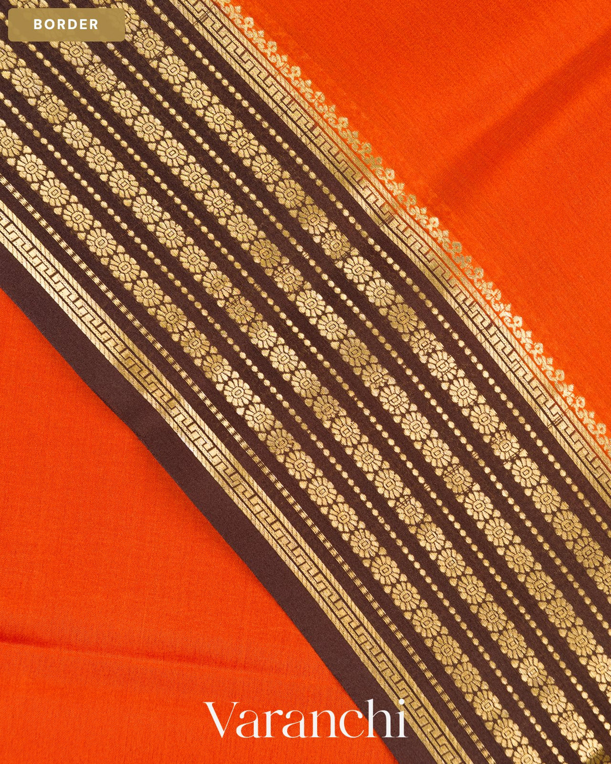 Bright Orange Floral Border Pure Mysore Crepe Silk Saree — Border