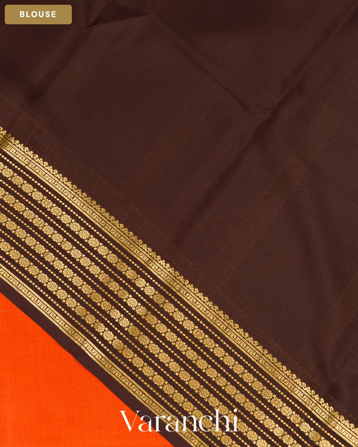 Bright Orange Floral Border Pure Mysore Crepe Silk Saree — Blouse