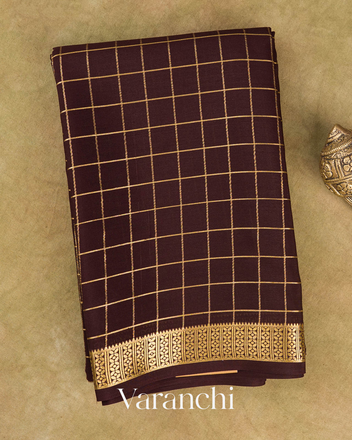 Coffee Brown Checkered Pure Mysore Crepe Silk Saree — Folded
