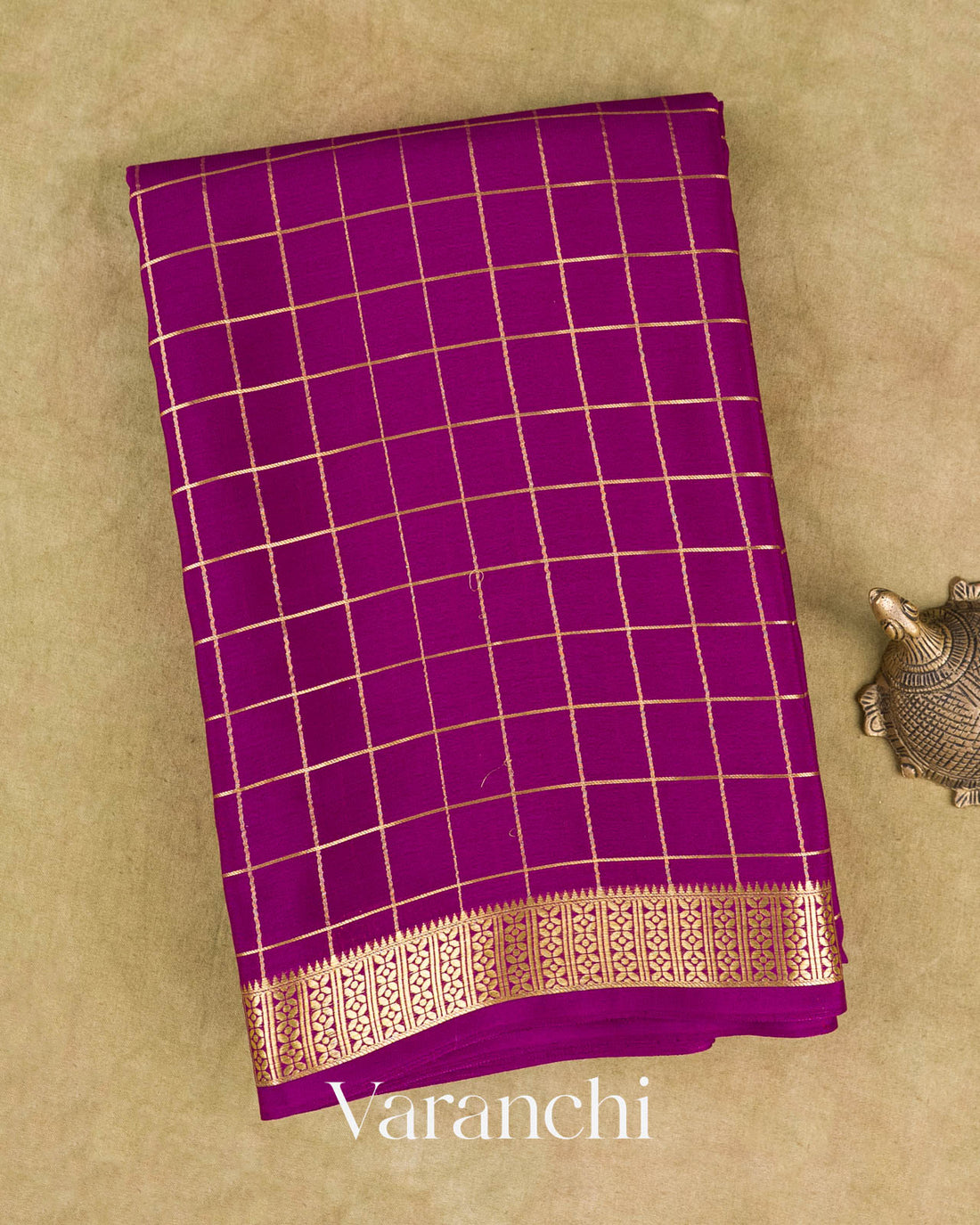 Magenta Checkered Pure Mysore Crepe Silk Saree — Folded