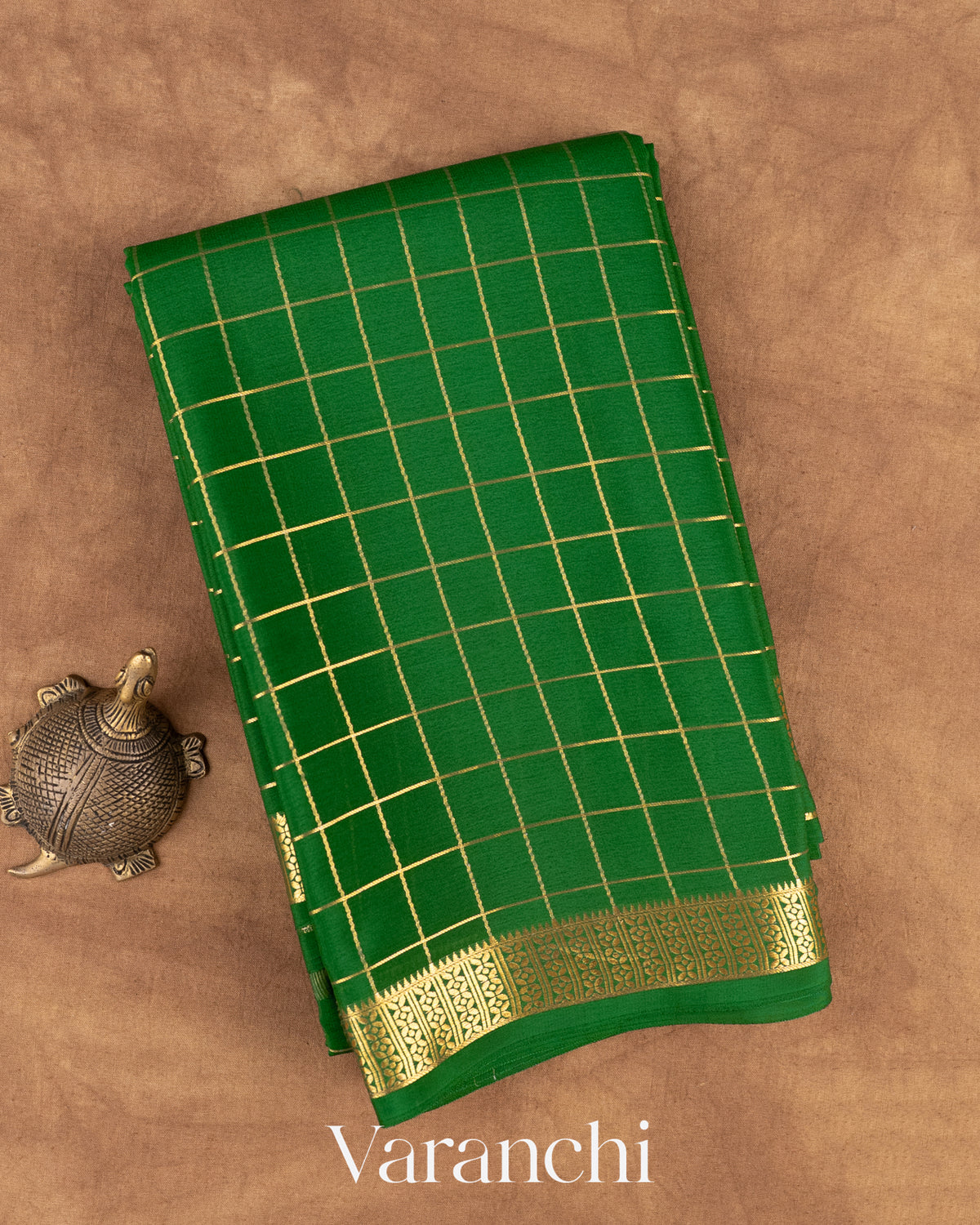 Bottle Green Checkered Pure Mysore Crepe Silk Saree — Folded