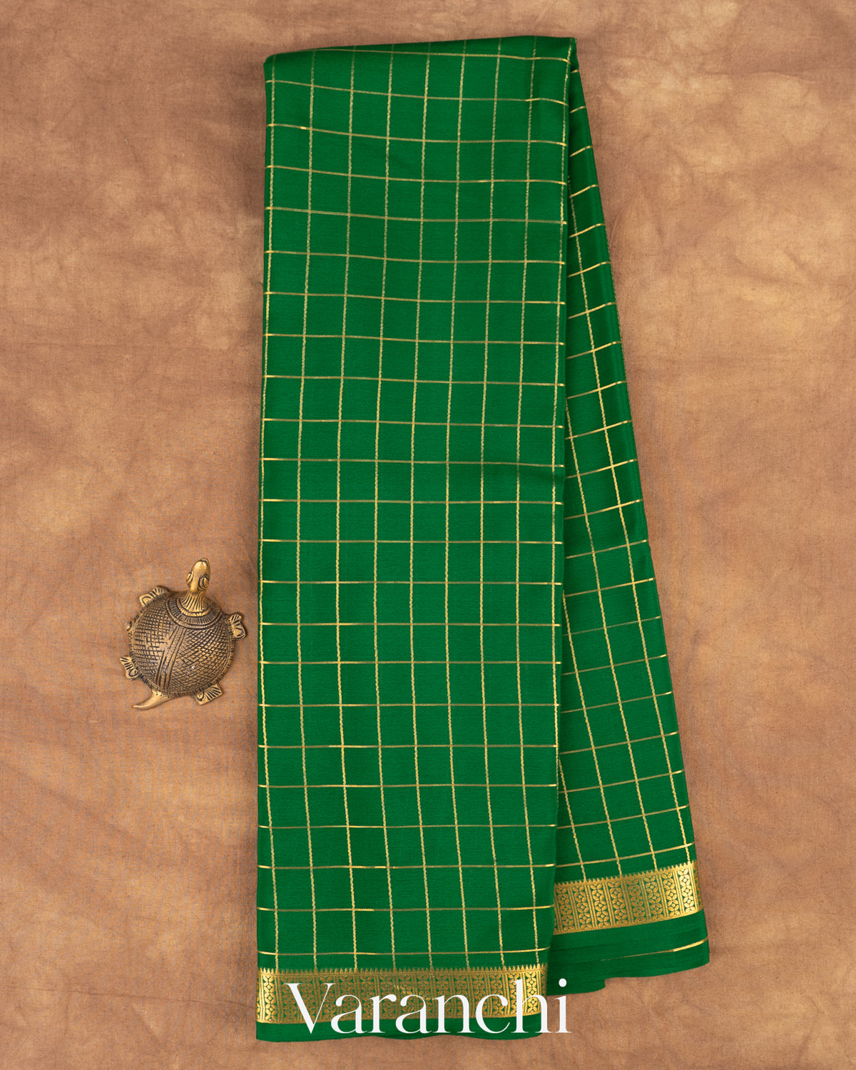 Bottle Green Checkered Pure Mysore Crepe Silk Saree — Full Saree