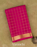 Rani Pink Checkered Pure Mysore Crepe Silk Saree — Folded