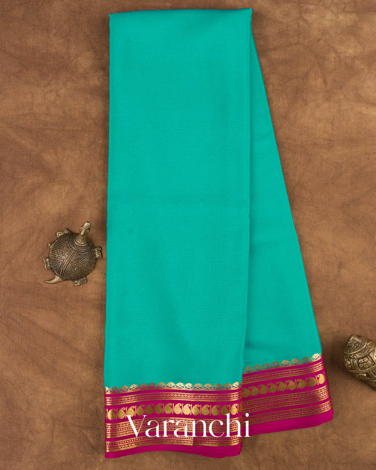 Turquoise Blue Pure Mysore Crepe Silk Saree — Full Saree