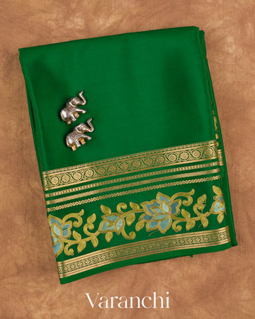 Bottle Green Floral Embroidered Pure Mysore Crepe Silk Saree — Folded