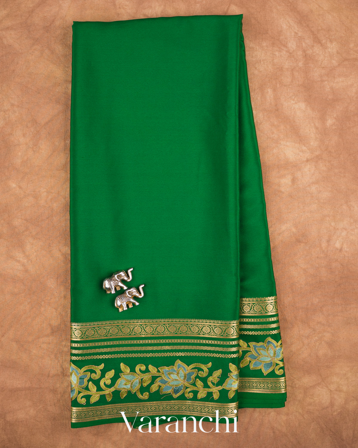 Bottle Green Floral Embroidered Pure Mysore Crepe Silk Saree — Full Saree