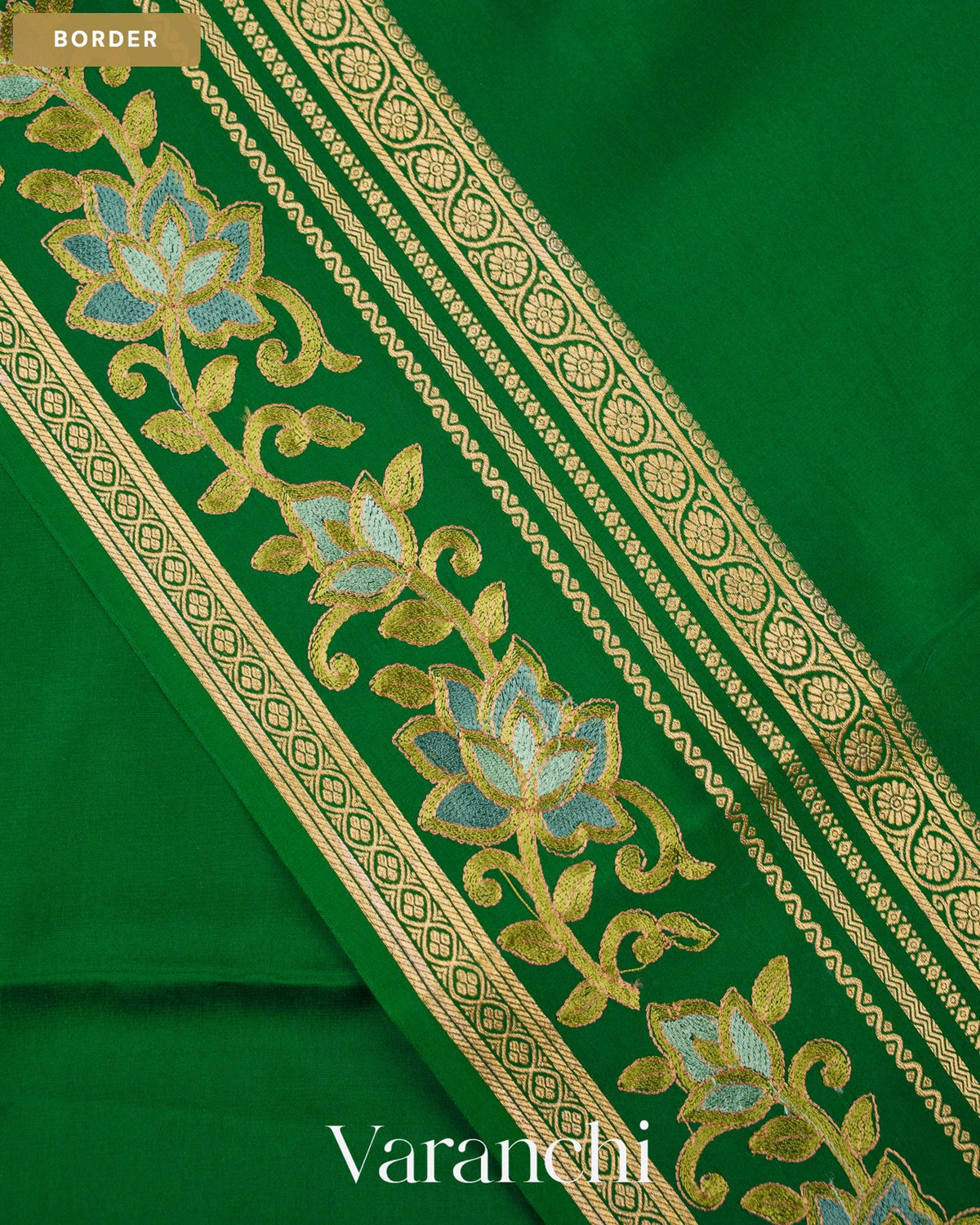 Bottle Green Floral Embroidered Pure Mysore Crepe Silk Saree — Border