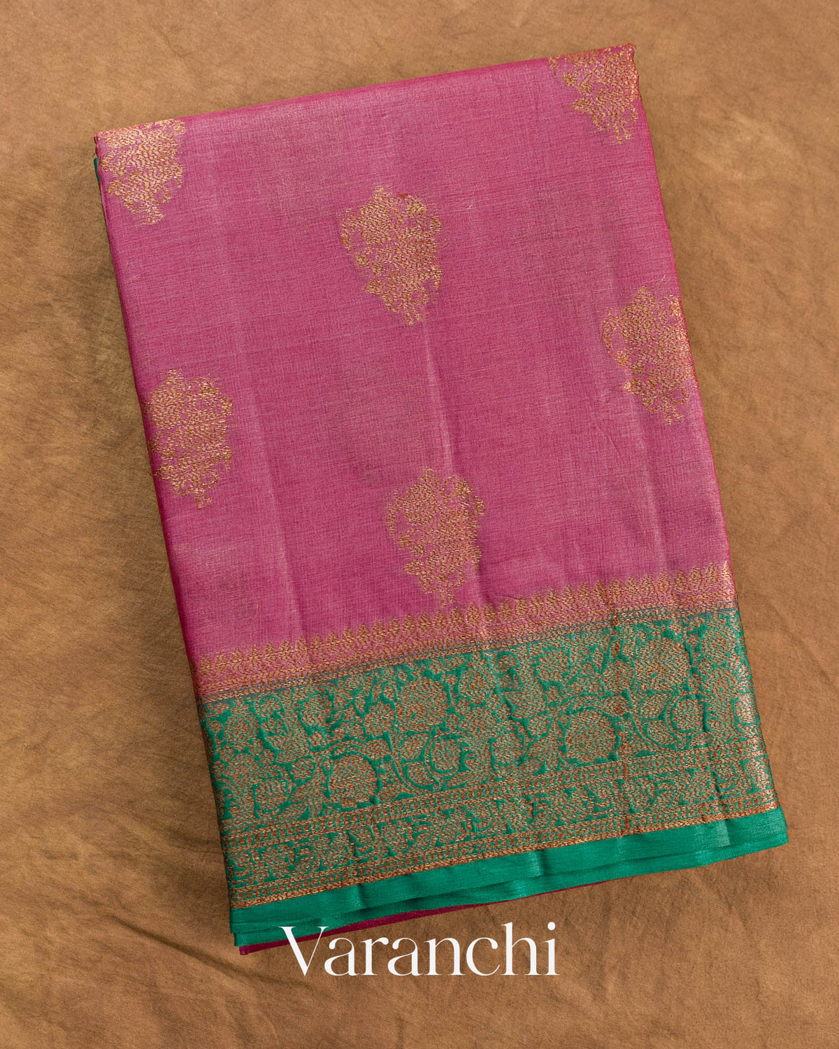 Onion Pink Pure Tussar Silk Saree — Folded