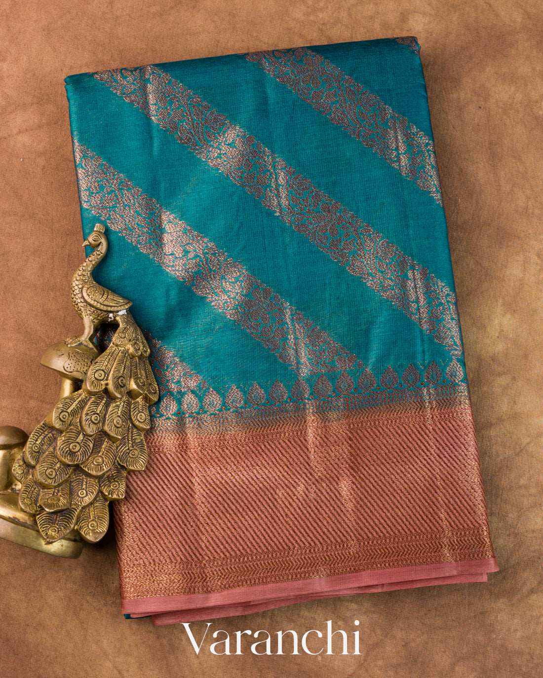 Turquoise Blue Lehariya Pure Tussar Silk Saree — Folded
