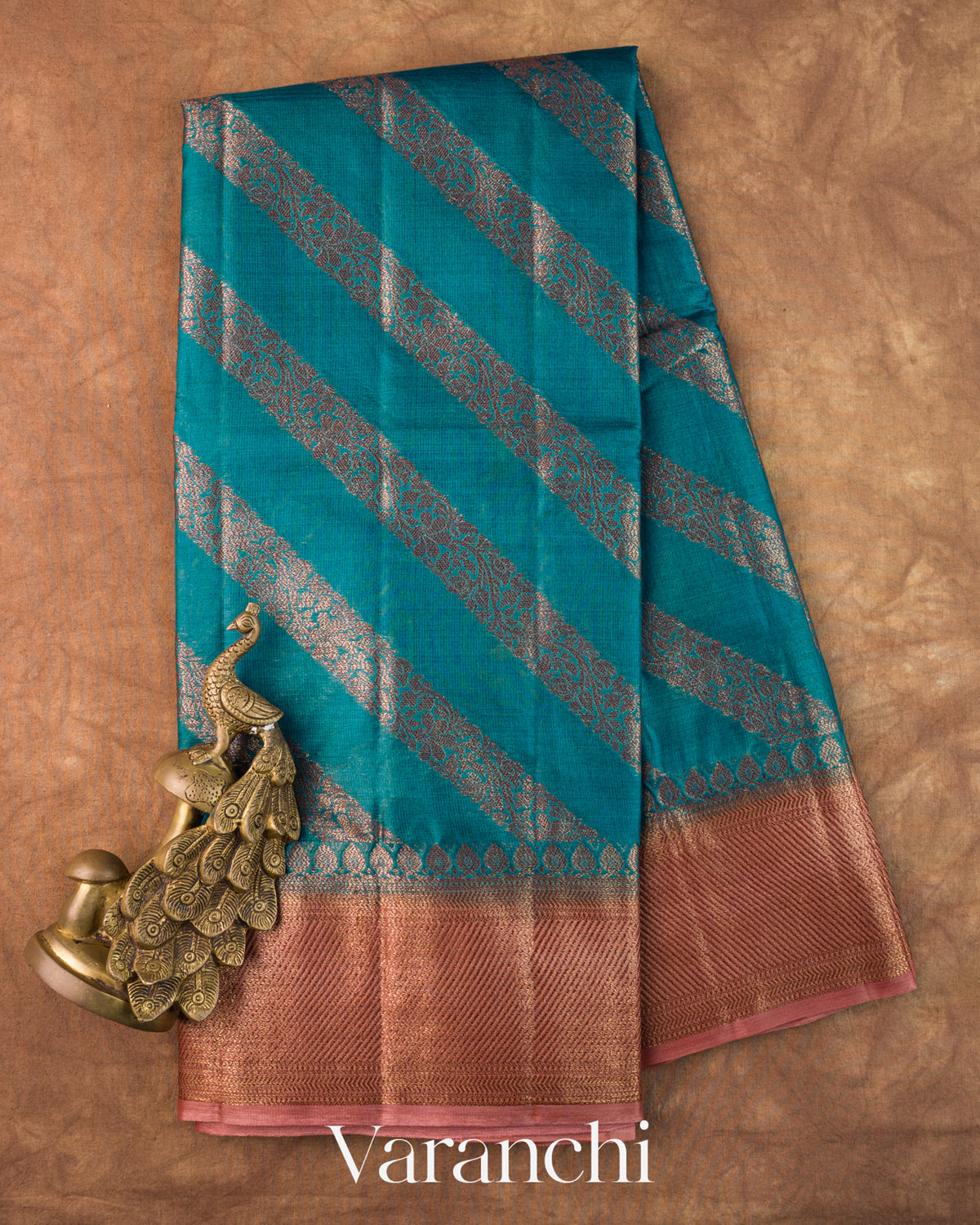 Turquoise Blue Lehariya Pure Tussar Silk Saree — Full Saree