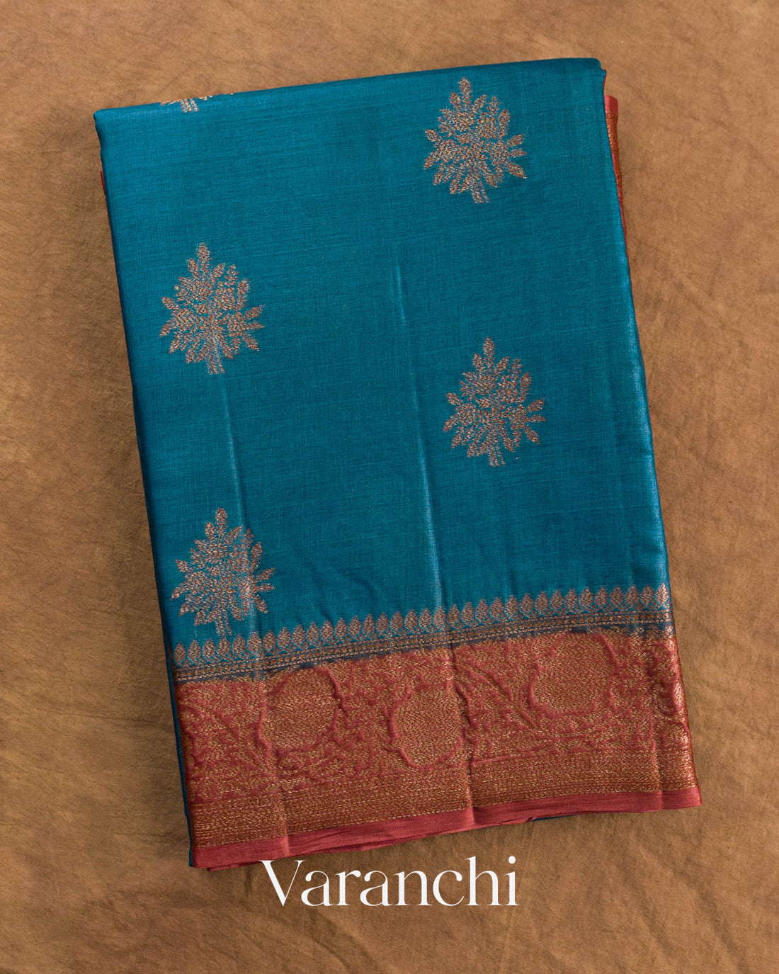 Teal Blue Pure Tussar Silk Saree — Folded
