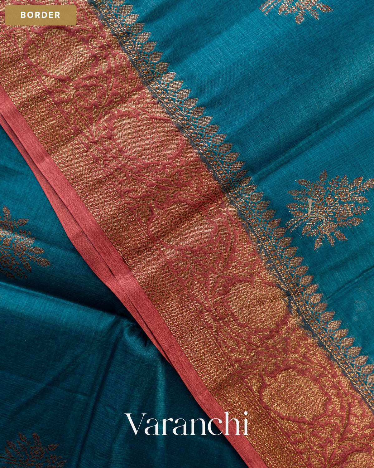 Teal Blue Pure Tussar Silk Saree — Border
