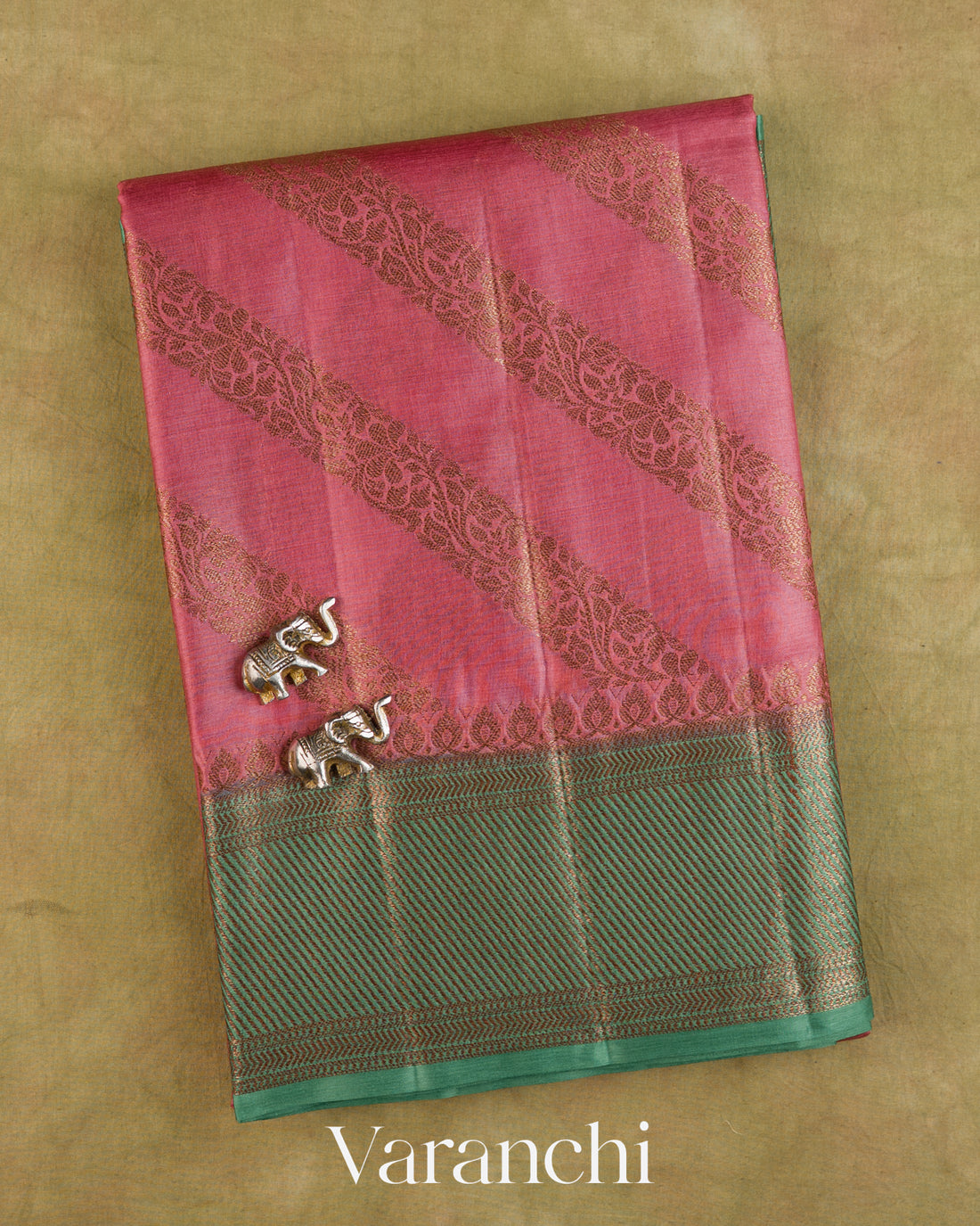 Coral Pink Lehariya Pure Tussar Silk Saree — Folded