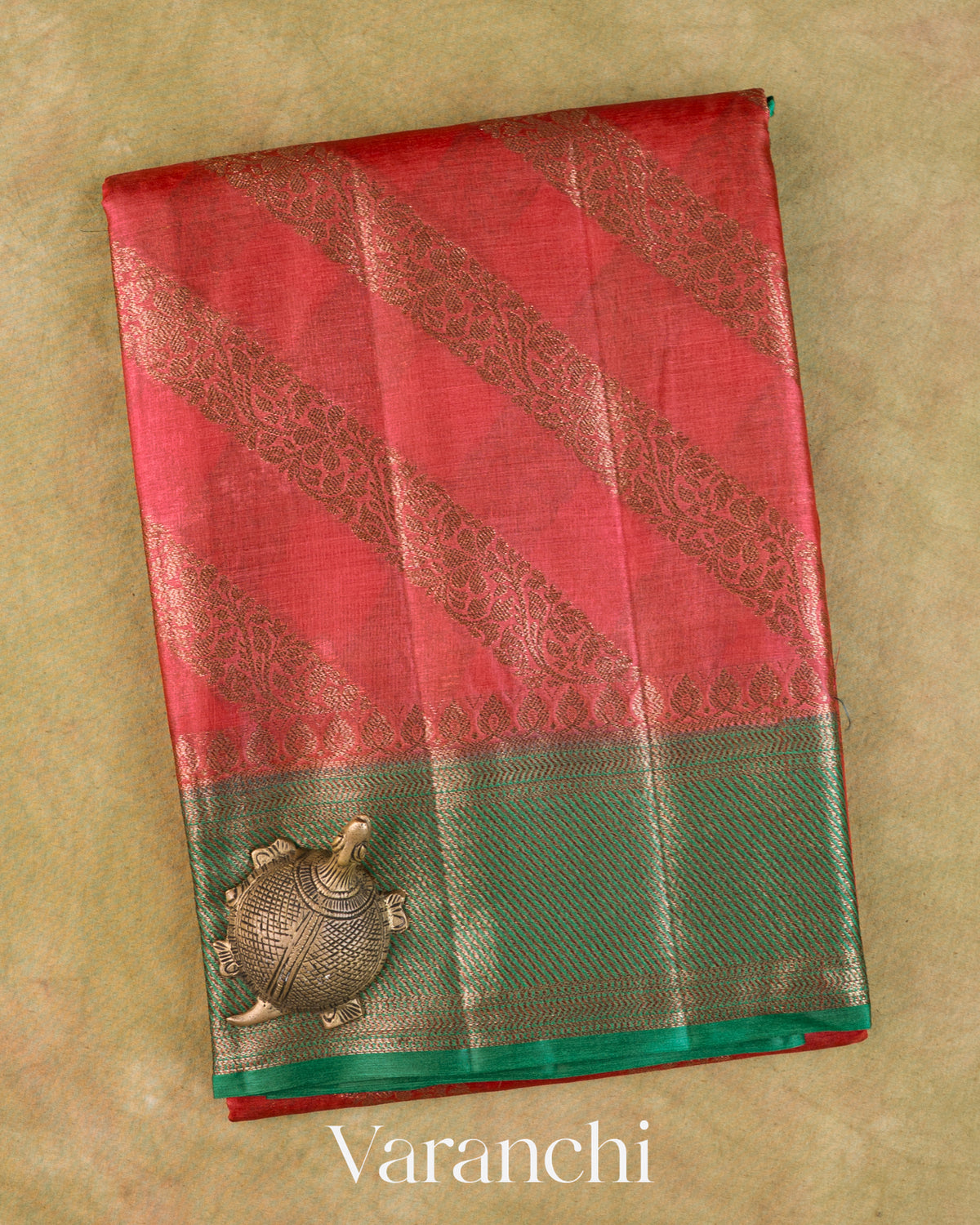 Chilly Red Lehariya Pure Tussar Silk Saree — Folded