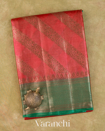 Chilly Red Lehariya Pure Tussar Silk Saree — Folded