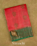Coral Red Pure Tussar Silk Saree — Folded
