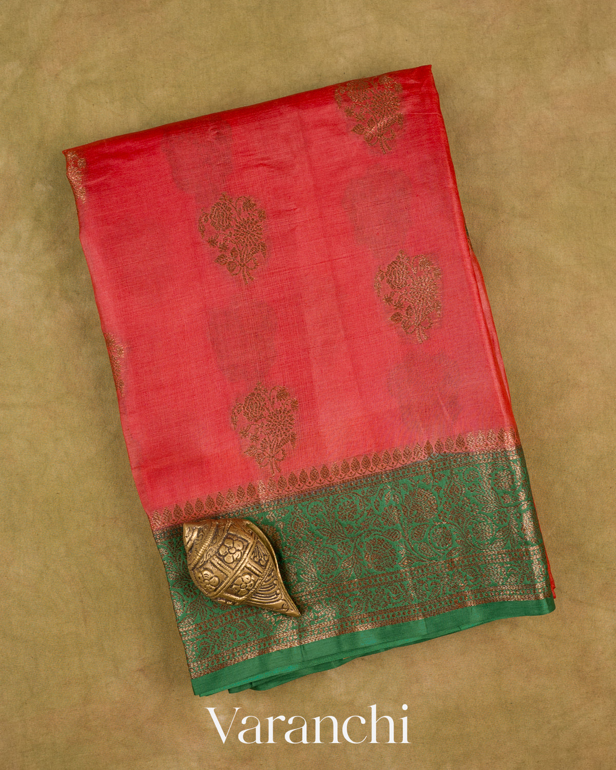 Coral Red Pure Tussar Silk Saree — Folded
