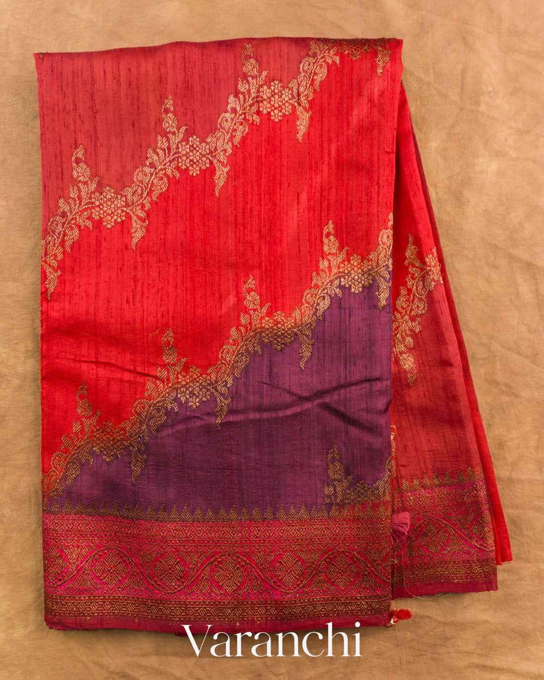Maroon Tricolour Rangkaat Pure Raw Silk Handloom Saree — Full Saree