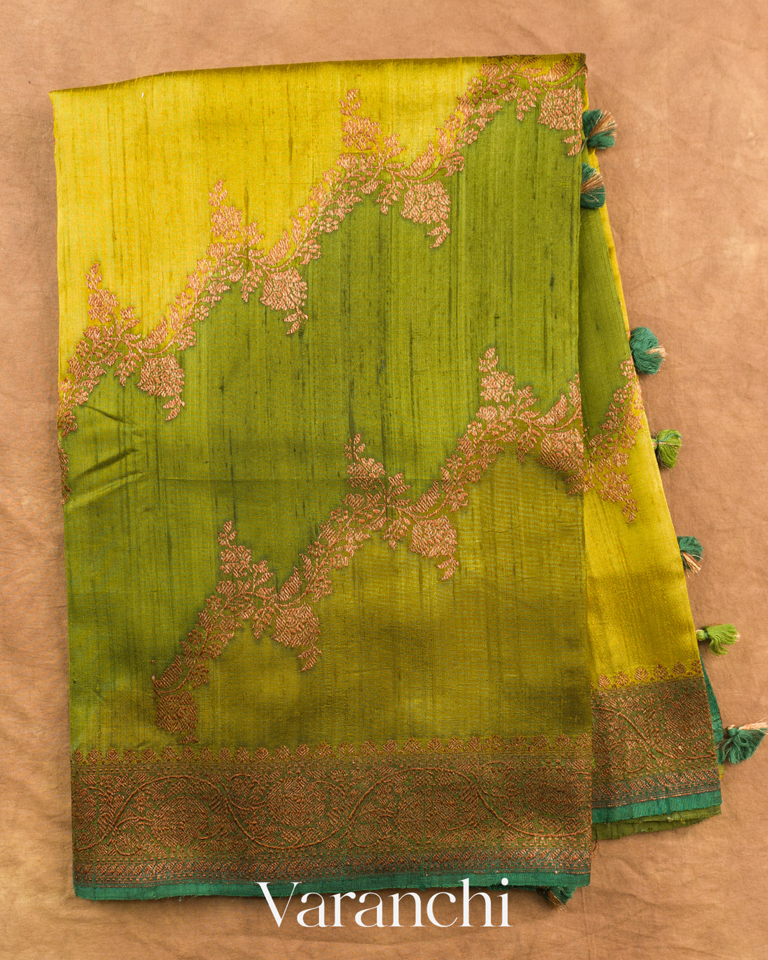 Olive Green Tricolour Rangkaat Pure Raw Silk Handloom Saree — Full Saree
