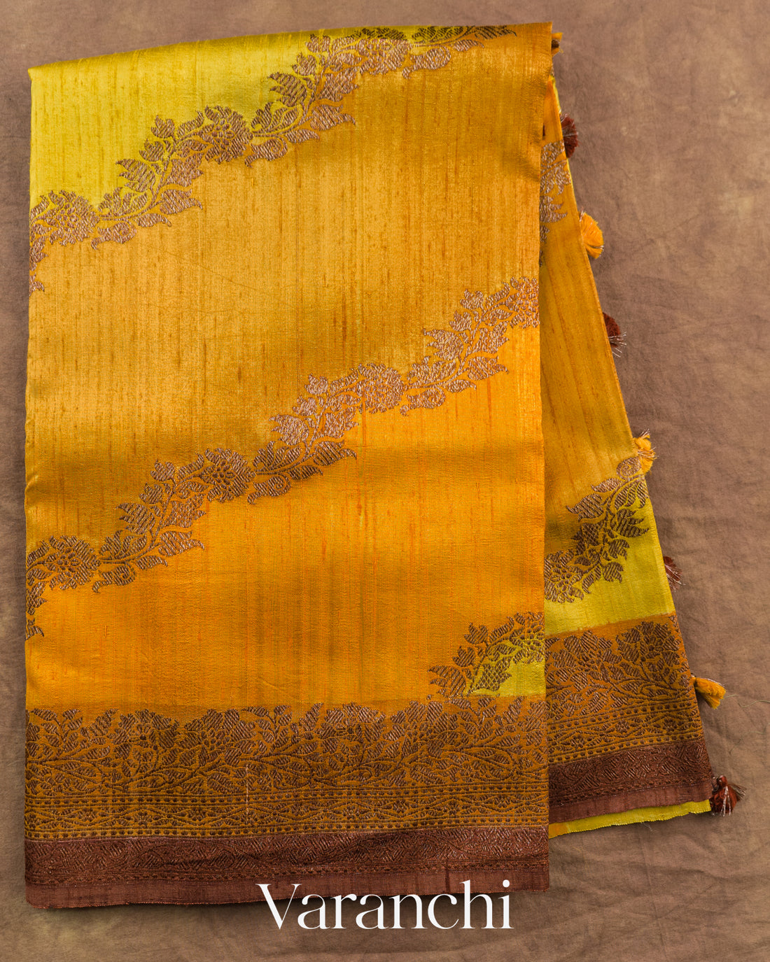 Turmeric Yellow Tricolour Rangkaat Pure Raw Silk Handloom Saree — Full Saree