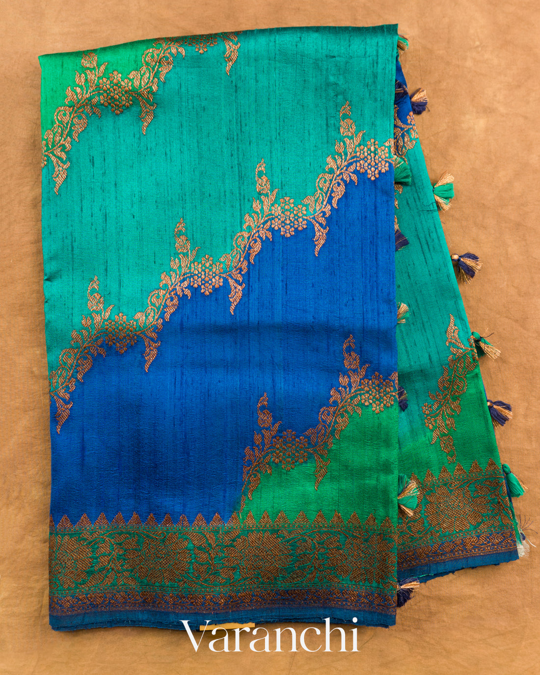 Royal Blue Tricolour Rangkaat Pure Raw Silk Handloom Saree — Full Saree