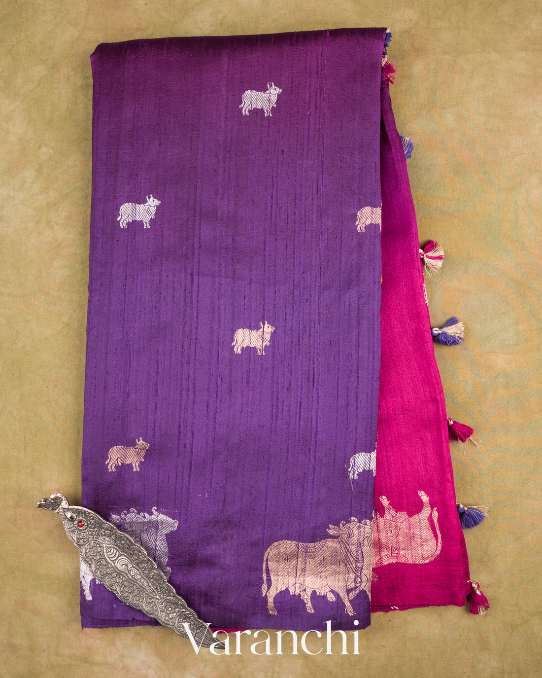Violet and Rani Pink Ombre-Dyed Pichwai Pure Raw Silk Handloom Saree — Full Saree