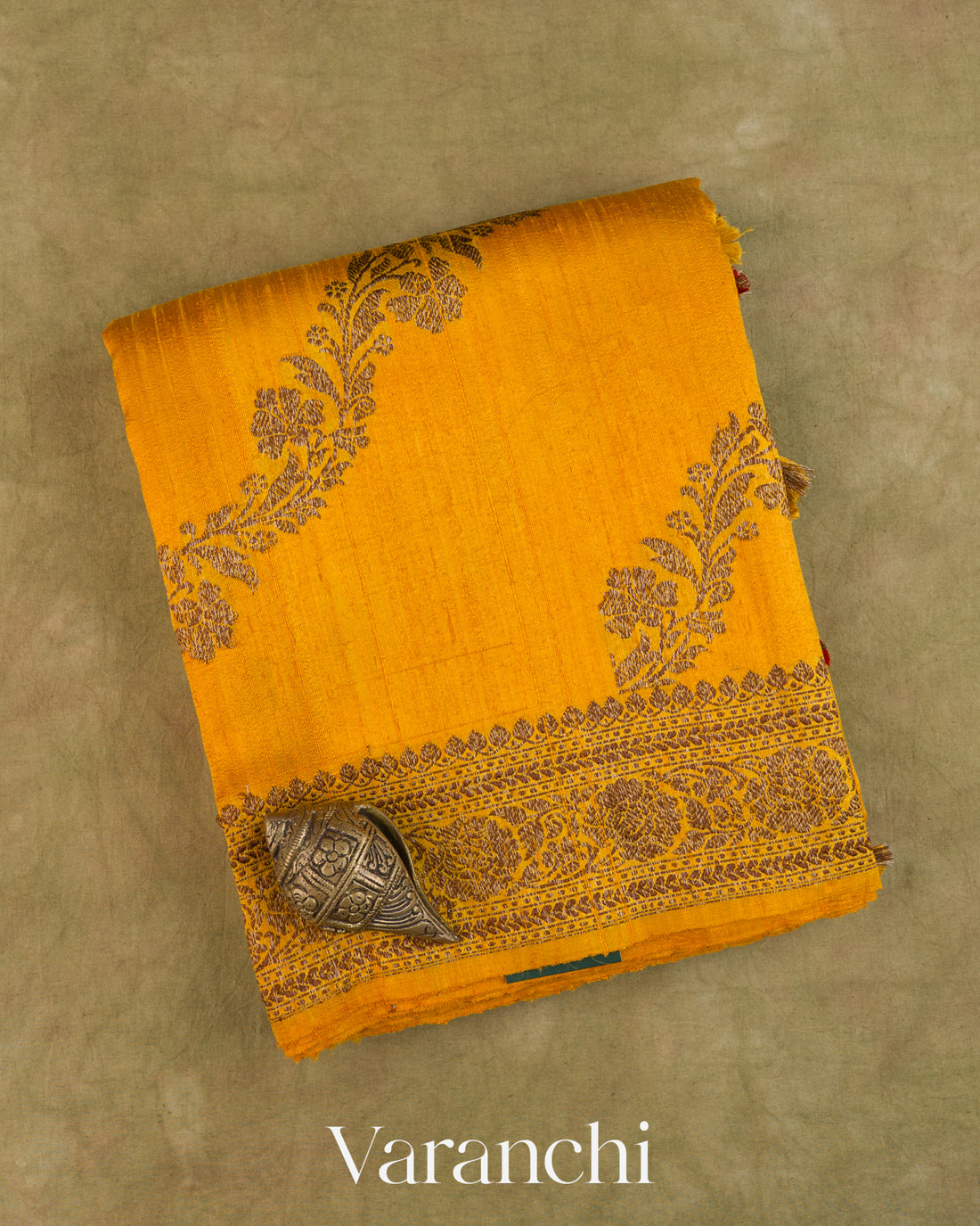 Mustard Yellow Lehariya Pure Raw Silk Handloom Saree — Folded