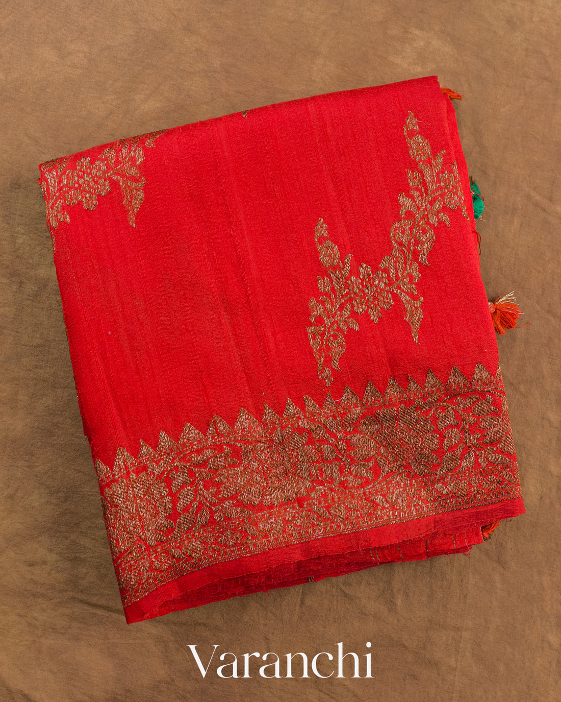 Chilly Red Pure Raw Silk Handloom Saree — Folded