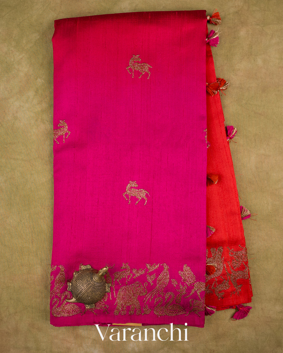 Rani Pink and Chilli Red Ombre-Dyed Pure Raw Silk Handloom Saree — Full Saree