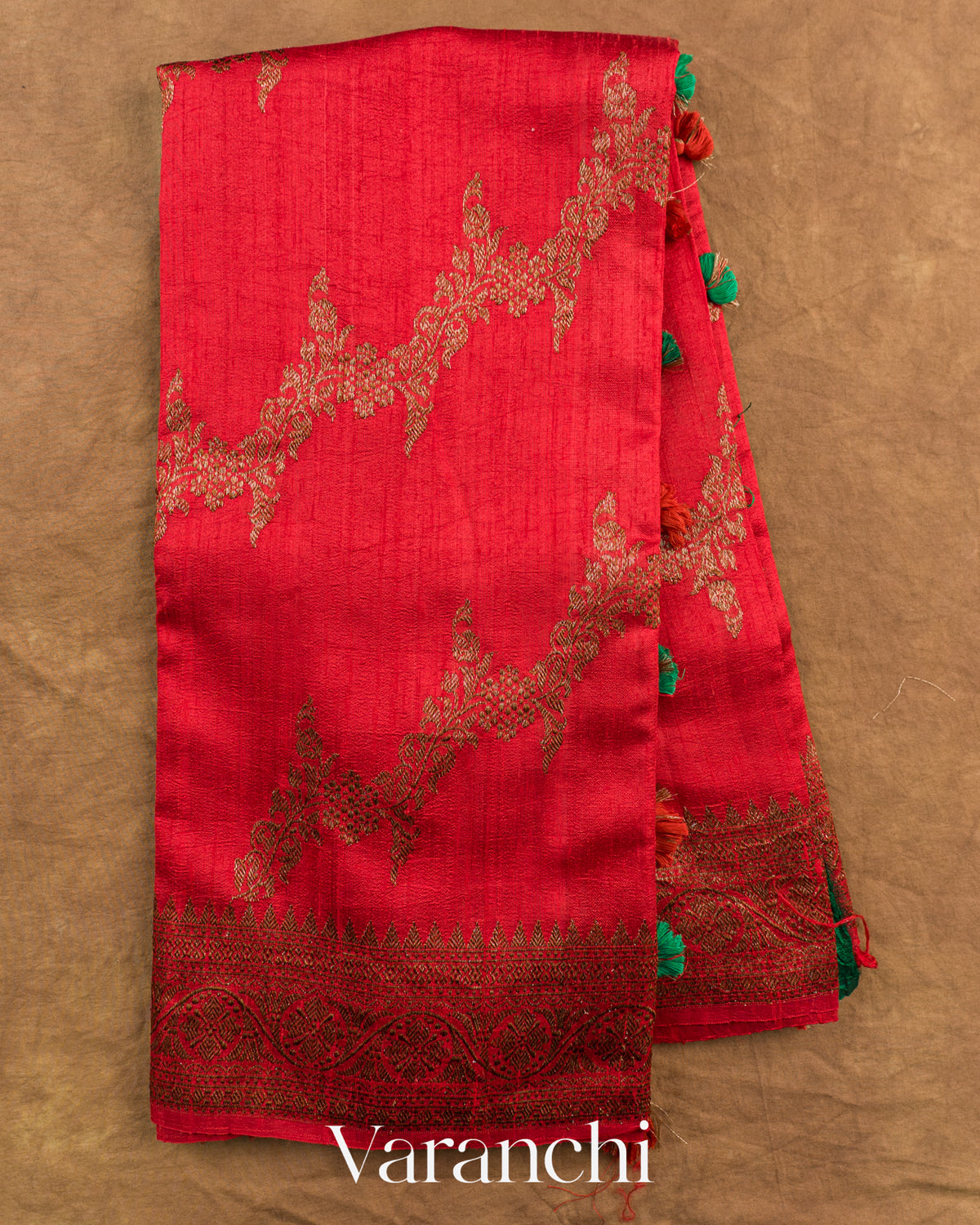 Chilly Red Lehariya Pure Raw Silk Handloom Saree — Full Saree
