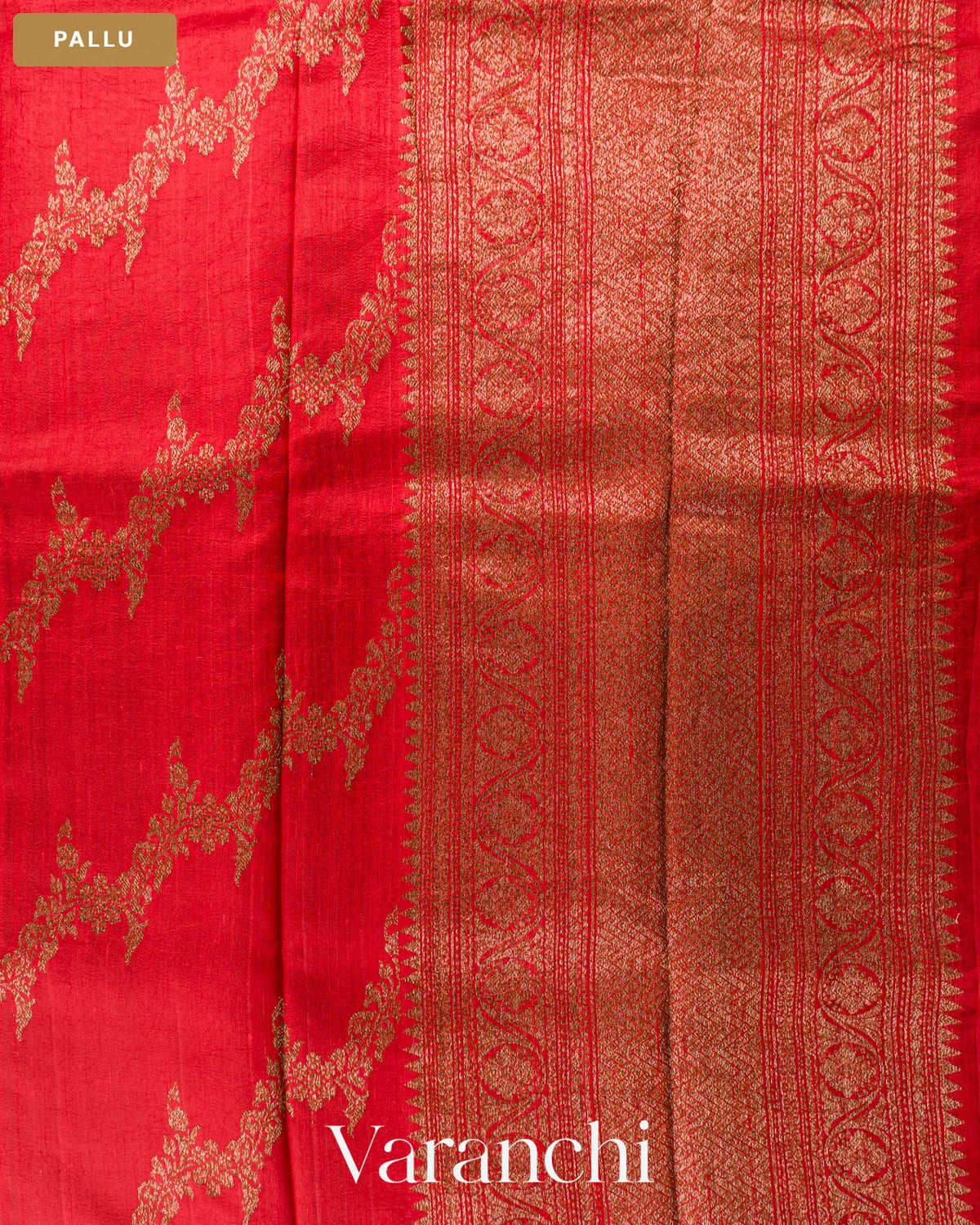 Chilly Red Lehariya Pure Raw Silk Handloom Saree — Pallu