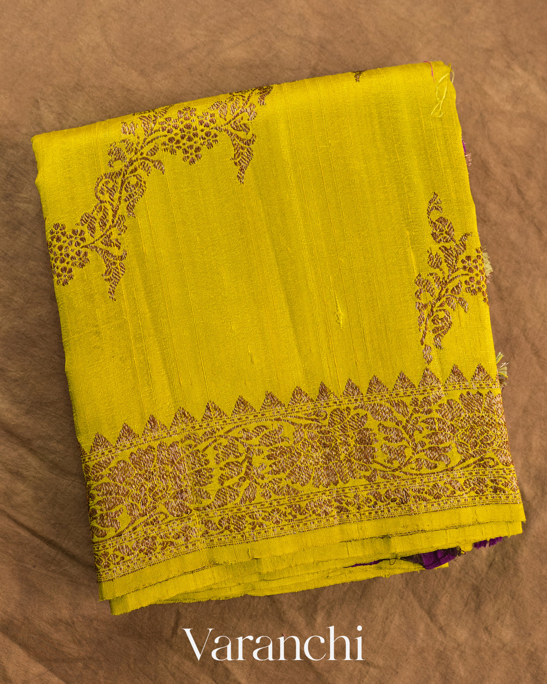 Olive Yellow Lehariya Pure Raw Silk Handloom Saree — Folded