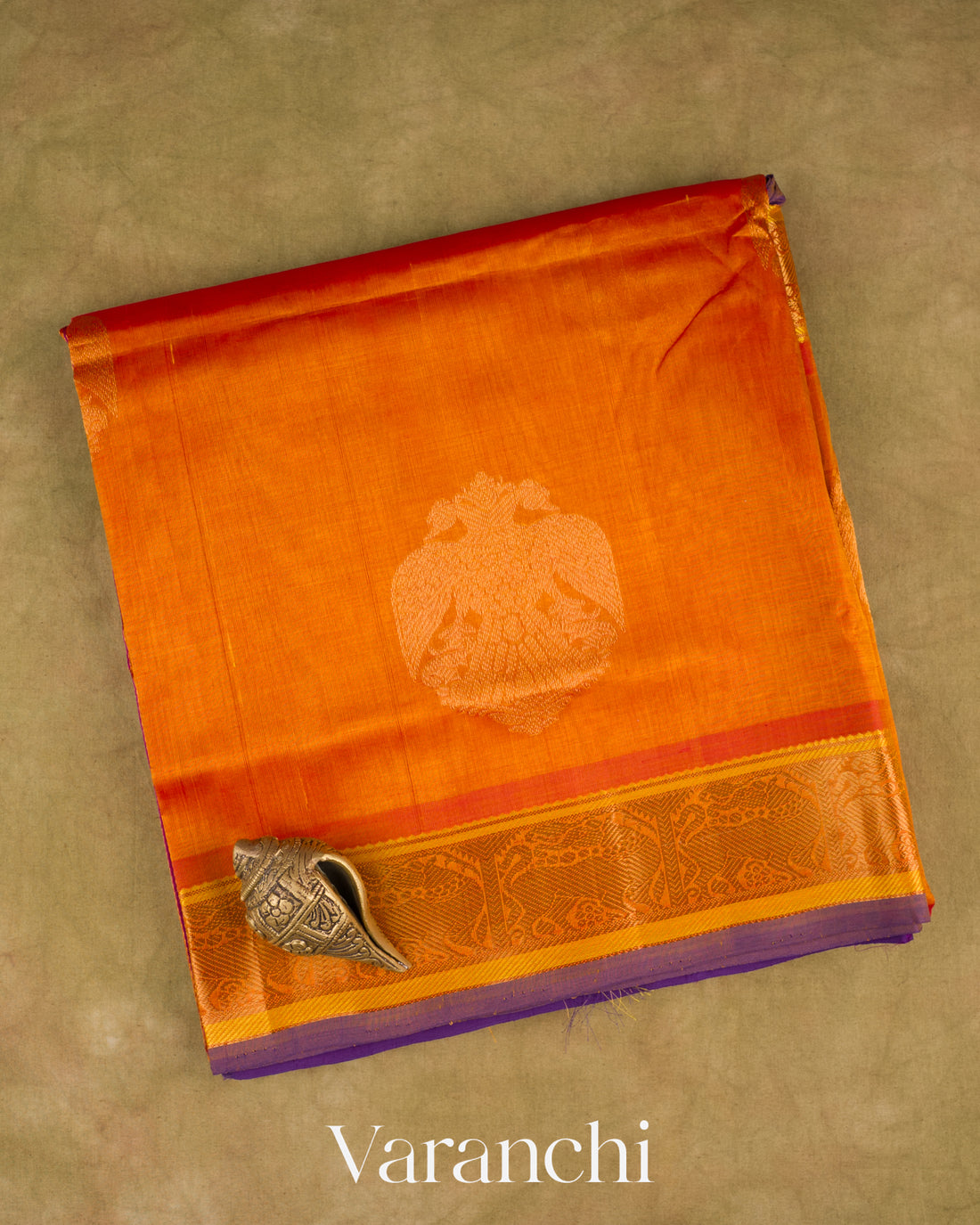 Burnt Orange Pure Kanchipuram Silk Cotton Handloom Saree — Folded