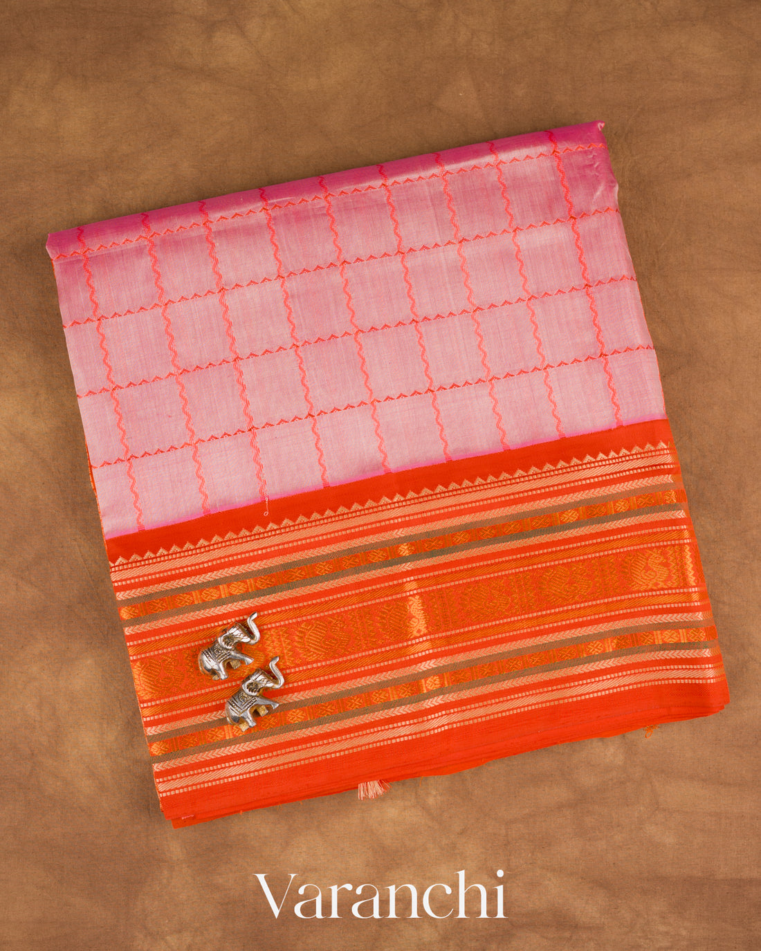 Blush Pink Checkered Pure Kanchipuram Silk Cotton Handloom Saree — Folded
