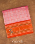 Blush Pink Checkered Pure Kanchipuram Silk Cotton Handloom Saree — Folded