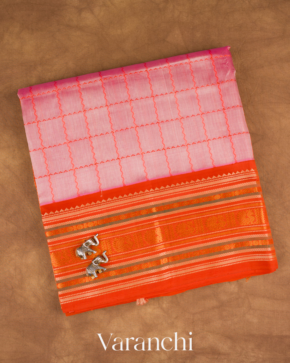 Blush Pink Checkered Pure Kanchipuram Silk Cotton Handloom Saree — Folded