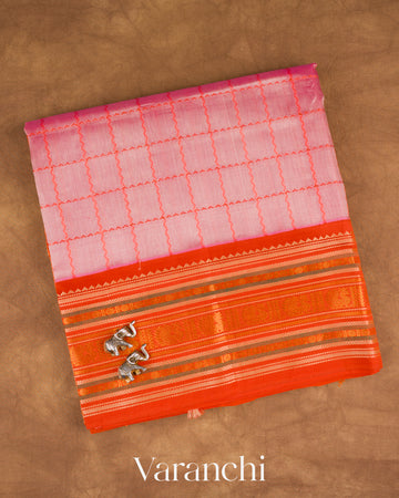 Blush Pink Checkered Pure Kanchipuram Silk Cotton Handloom Saree — Folded