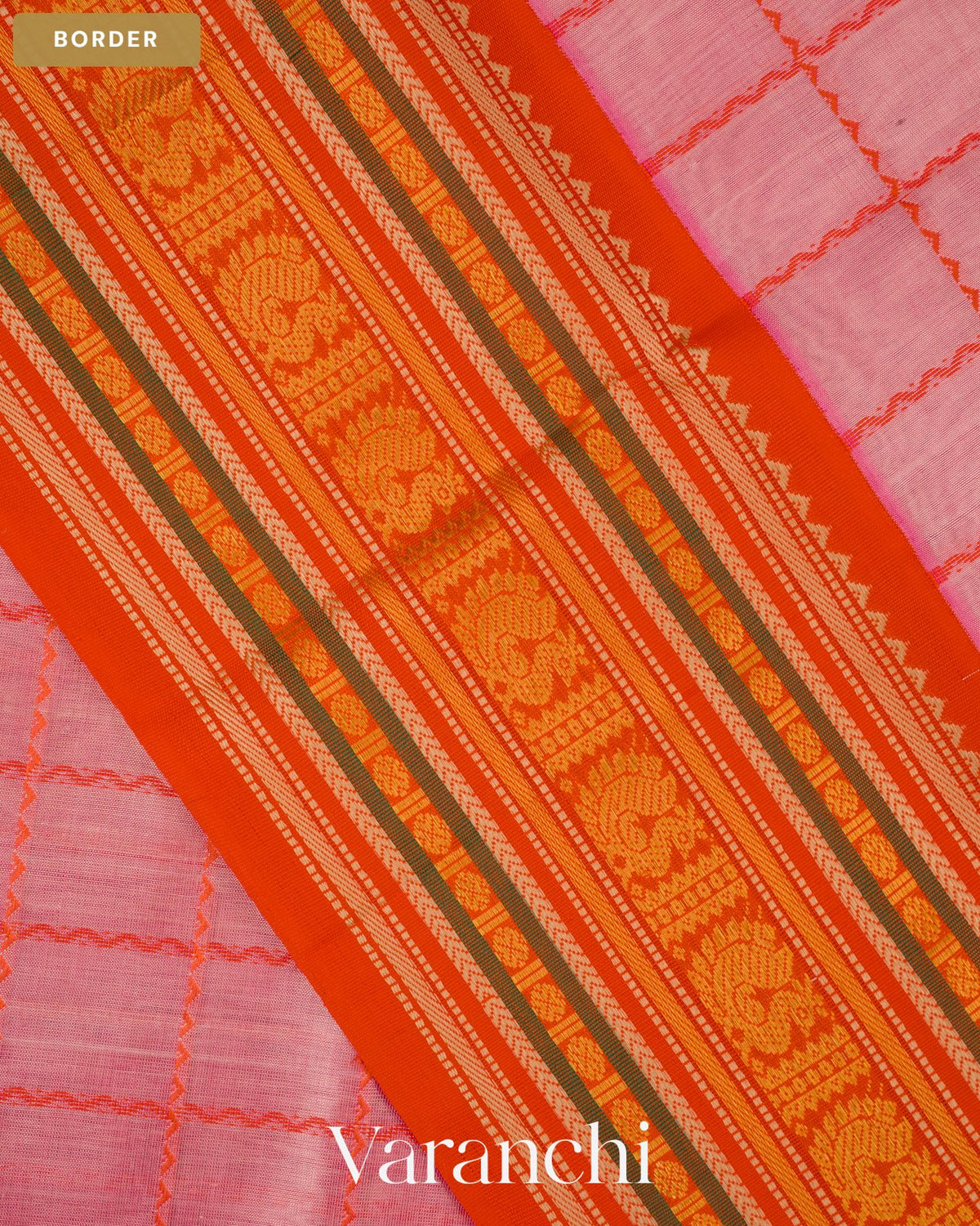 Blush Pink Checkered Pure Kanchipuram Silk Cotton Handloom Saree — Border