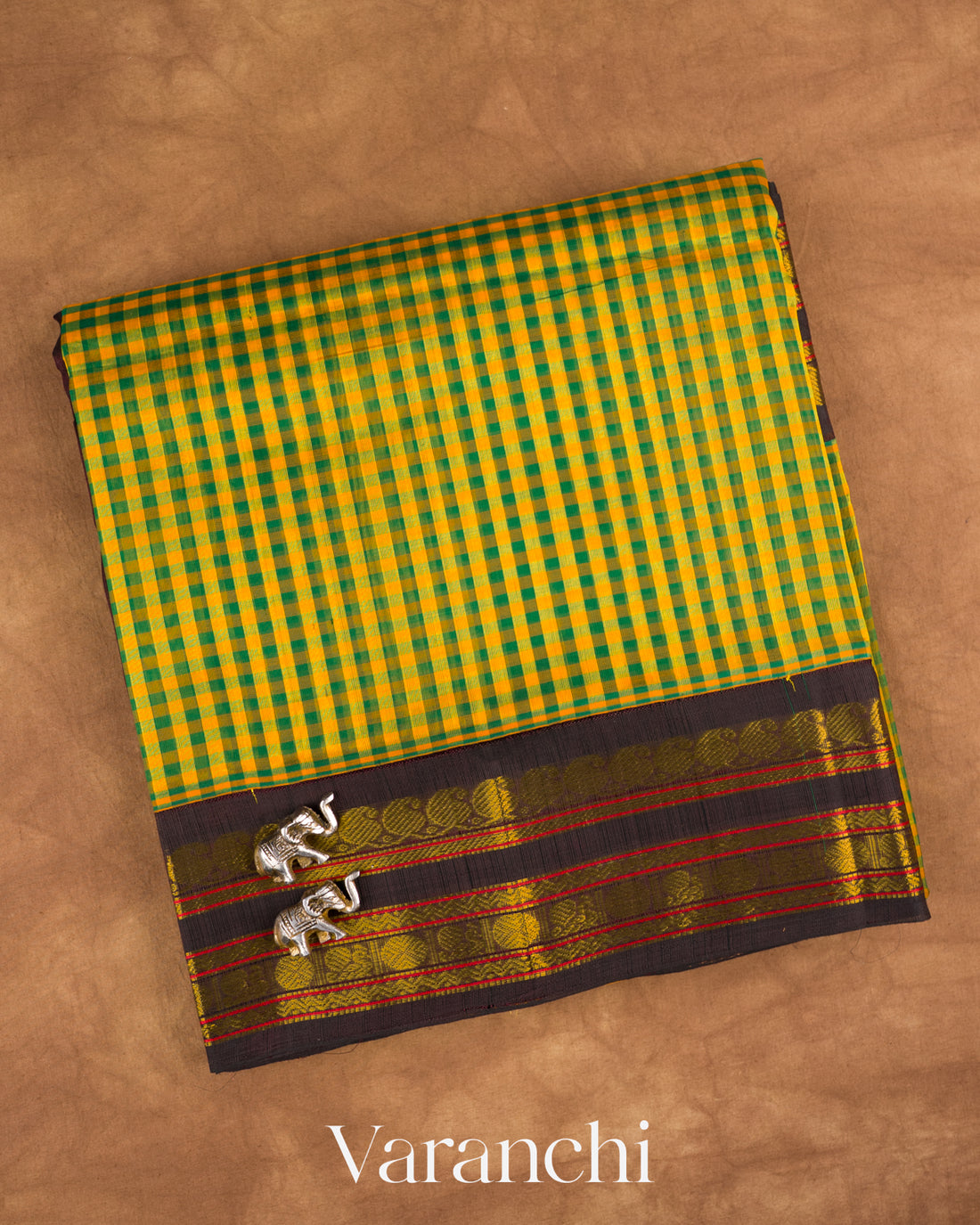 Green and Yellow Checkered Pure Kanchipuram Silk Cotton Handloom Saree — Folded