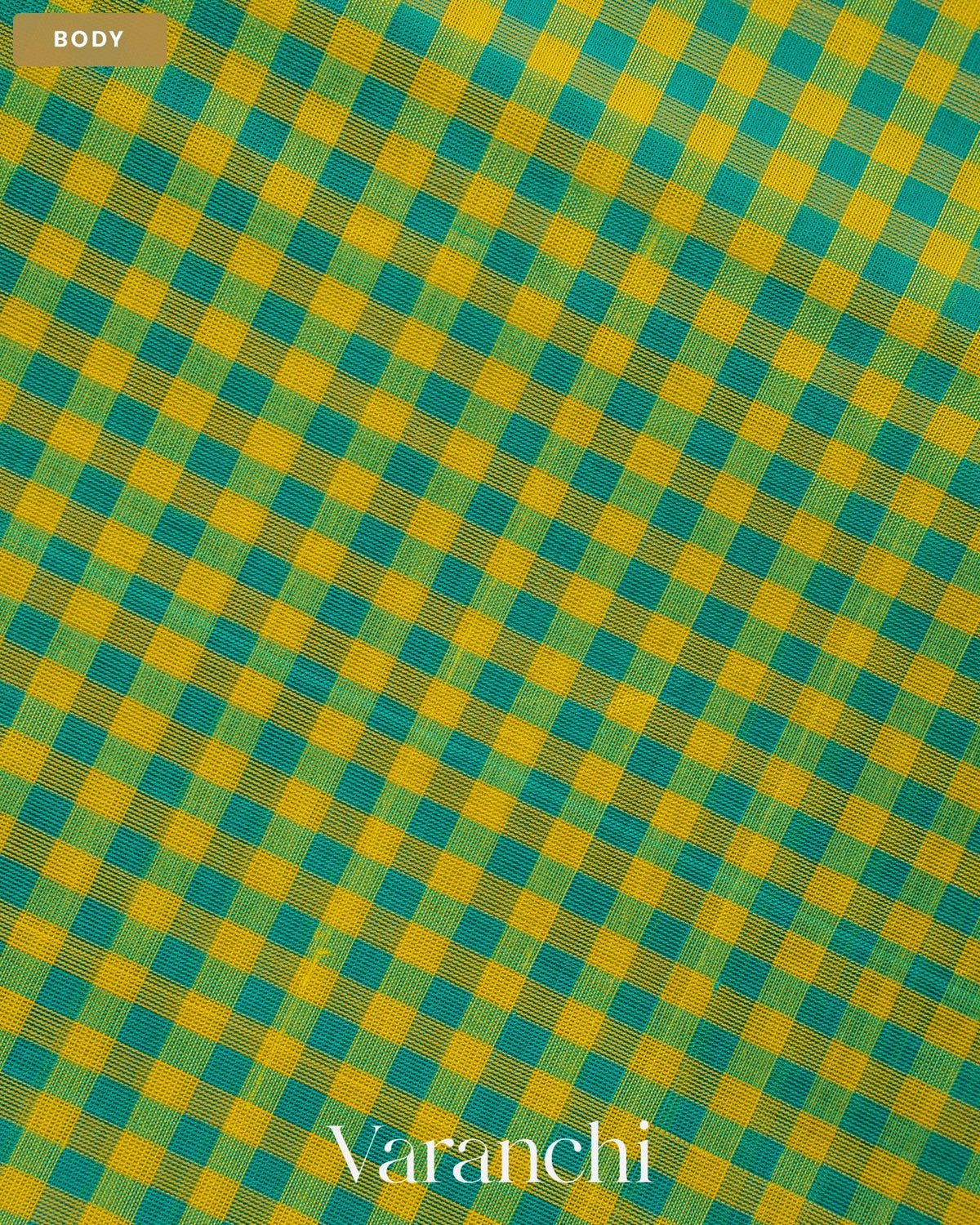 Peacock Blue and Yellow Pure Kanchipuram Silk Cotton Handloom Saree — Body