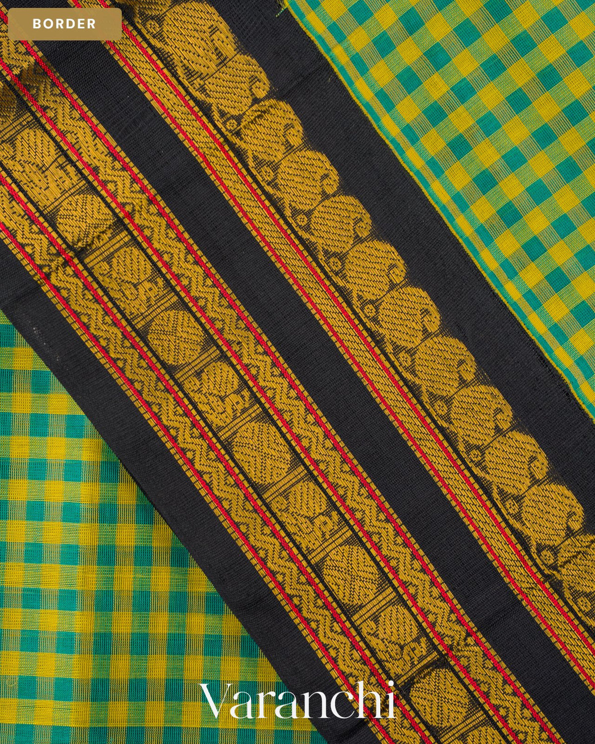 Peacock Blue and Yellow Pure Kanchipuram Silk Cotton Handloom Saree — Border